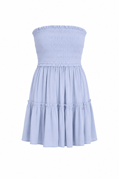 Light blue strapless smocked mini dress with tiered ruffle skirt