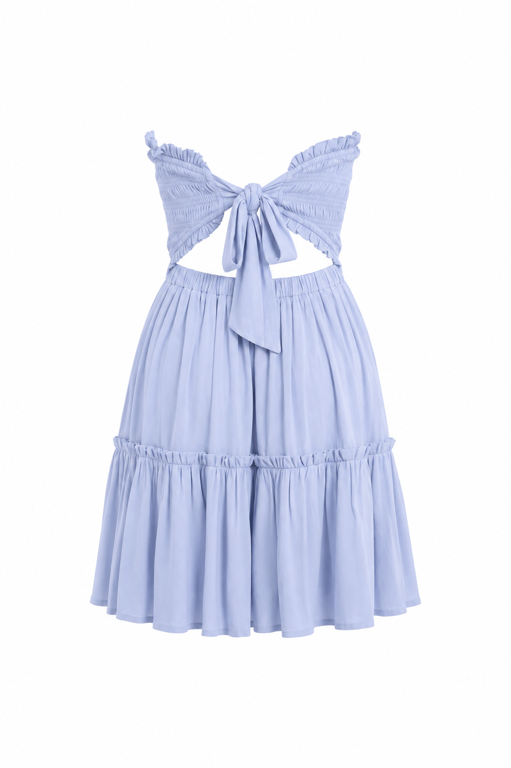 Light blue back-tie strapless mini dress with smocked bodice and tiered skirt