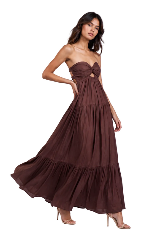Tiered maxi dress, strapless sweetheart bodice with center bow detail