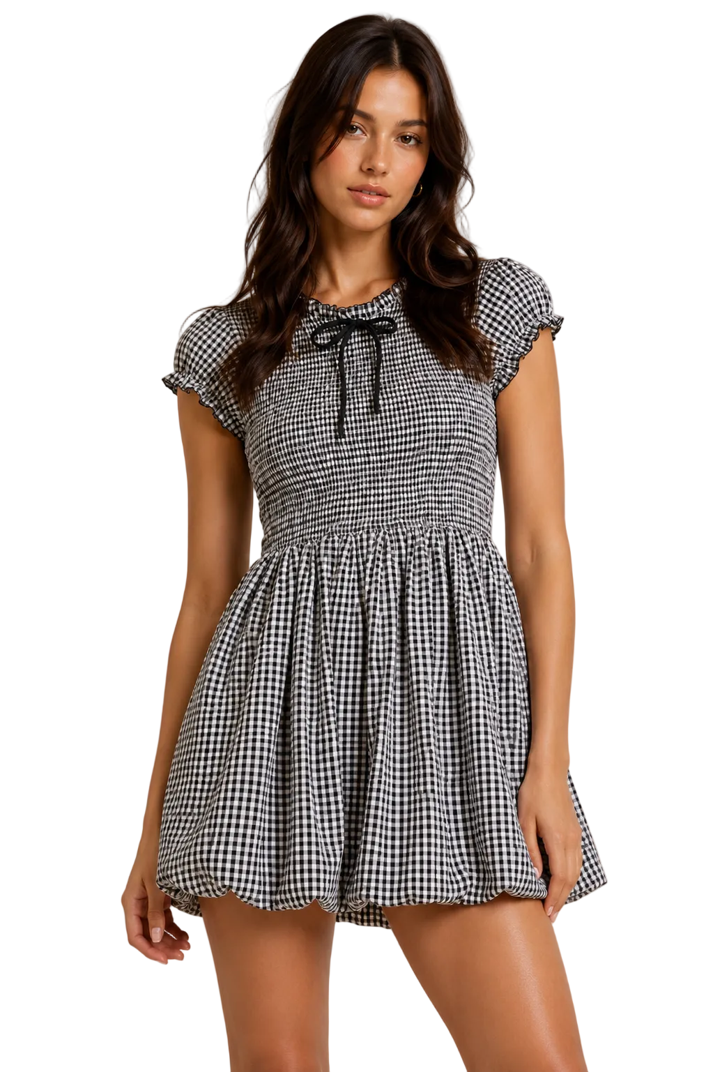 Black-and-white gingham mini dress with bow neckline and puff sleeves