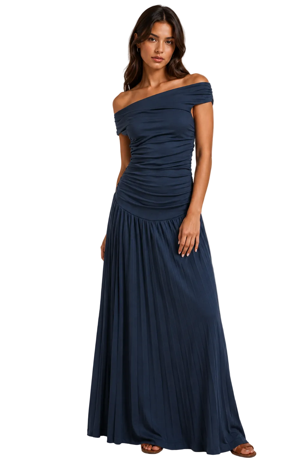 Off-shoulder ruched bodice dress with pleated maxi skirt, dark blue