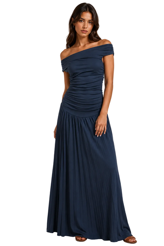 Off-shoulder ruched bodice dress with pleated maxi skirt, dark blue