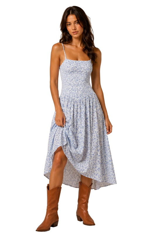Floral cami dress with spaghetti straps, gathered bodice, and tiered midi skirt