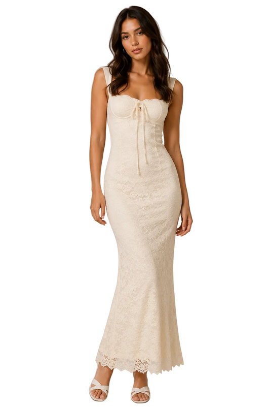 Cream lace slip dress with spaghetti straps, sweetheart neckline, fitted midi hem