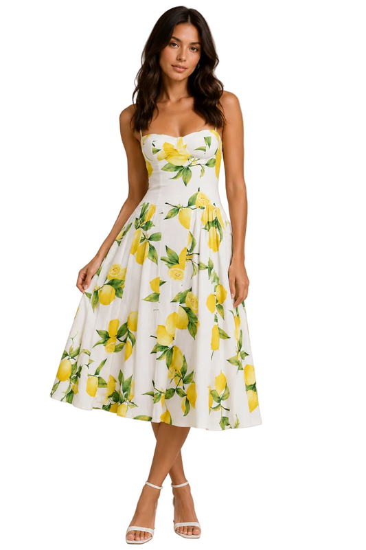 Raelynn dress, white lemon print, strapless sweetheart bodice, full midi skirt