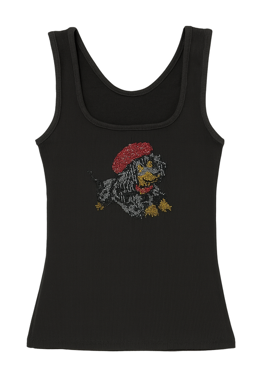 Black sleeveless tank top with rhinestone dachshund graphic and scoop neckline