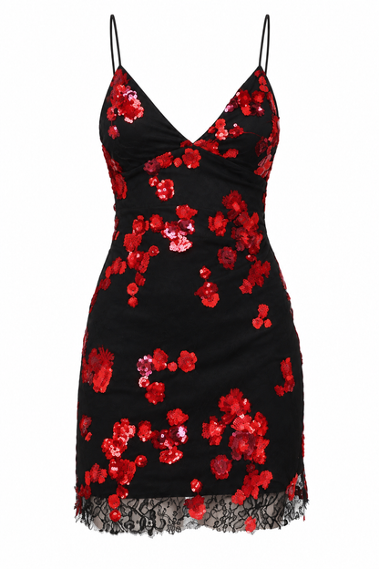 Black sequin mini dress with red floral print, spaghetti straps, scalloped lace hem