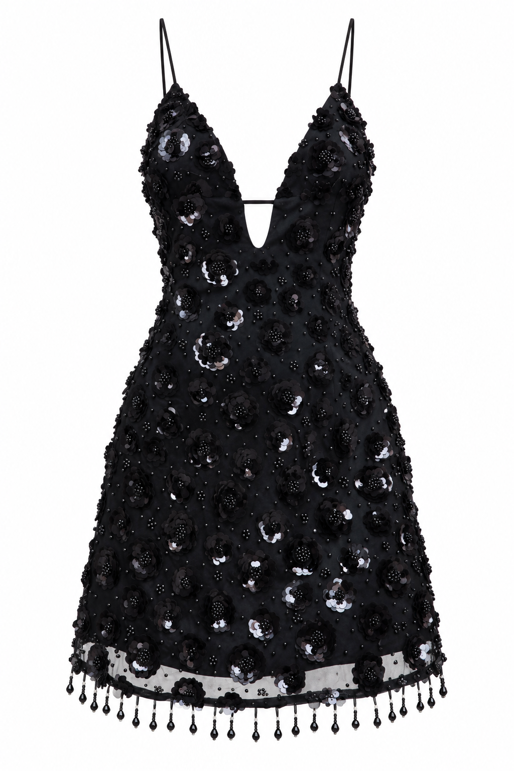 Black sequin slip dress with V neckline, thin straps, and dangling beaded fringe