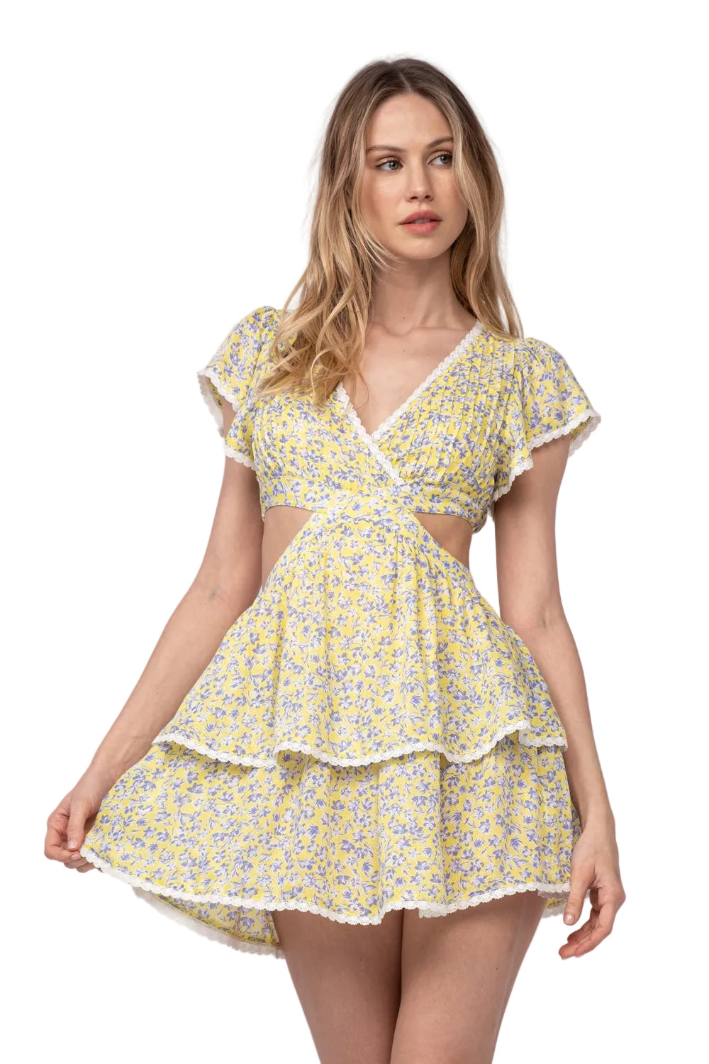 Floral mini dress with V-neck, wrap-style bodice and tiered ruffle hem, yellow blue