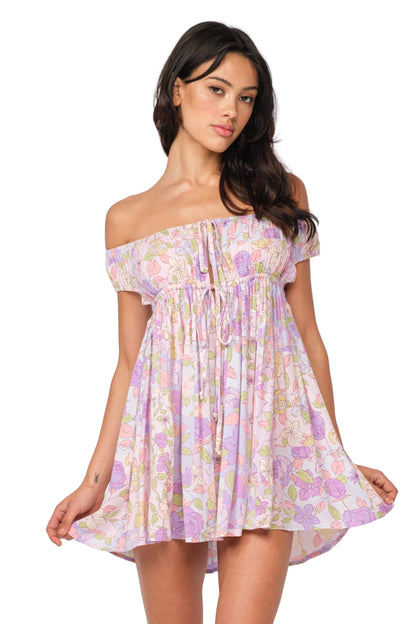Floral off-shoulder mini dress with gathered bodice, pastel pink and lilac.