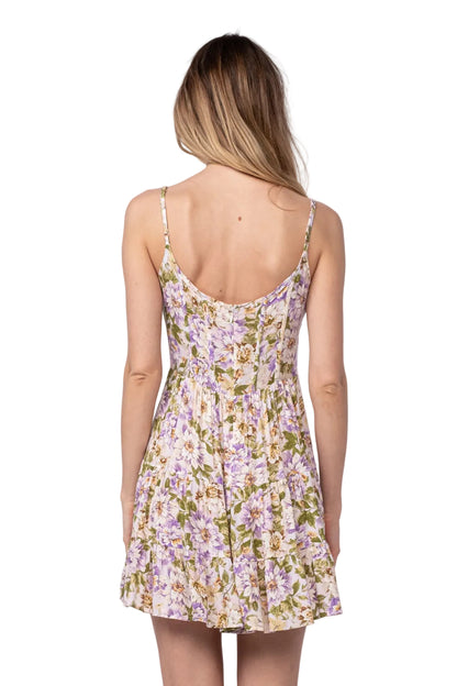 Floral dress back view with spaghetti straps and tiered skirt