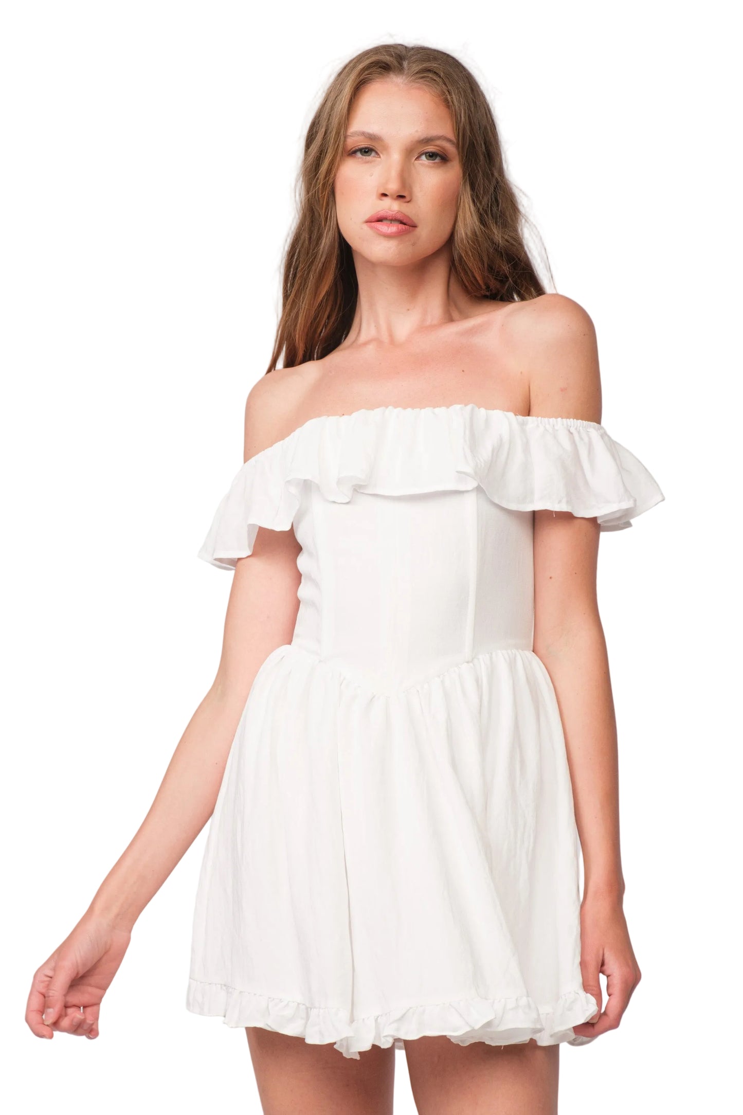 White off-shoulder ruffle mini dress with tiered skirt