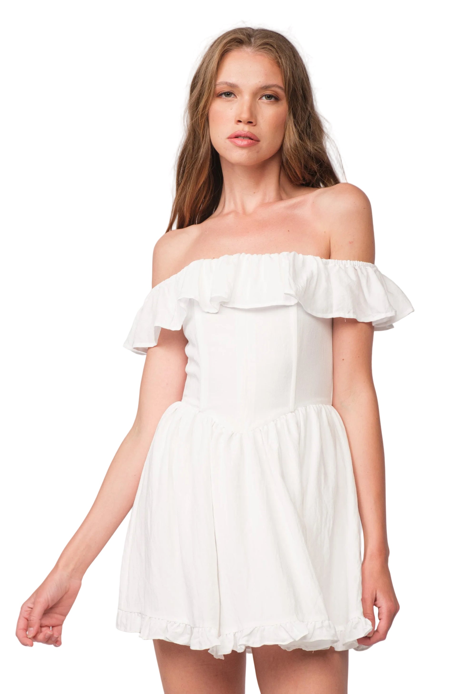 White off-shoulder ruffle mini dress with tiered skirt