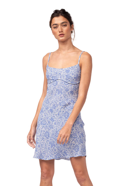 Blue patterned Zoey dress with thin straps and square neckline