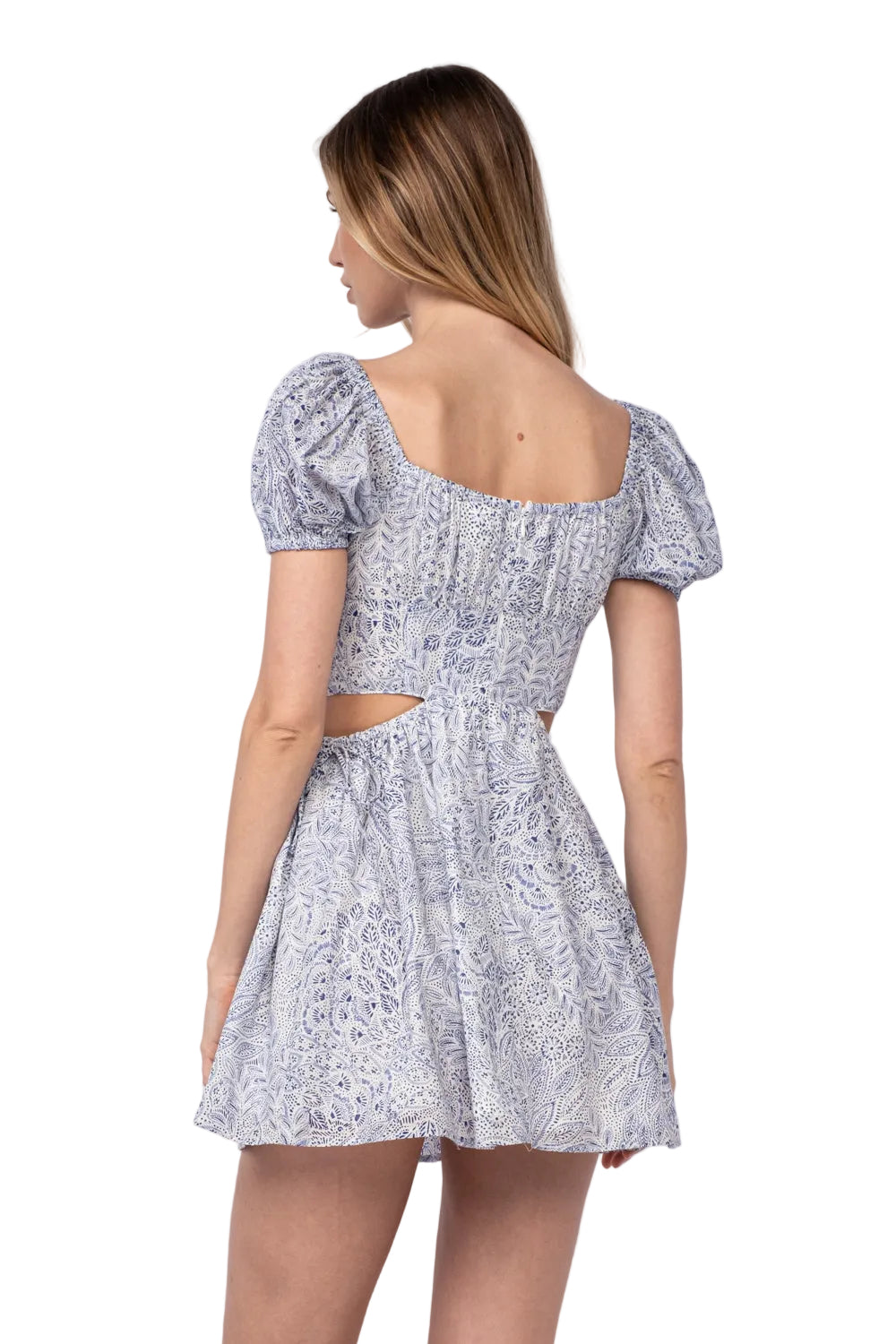 Allison Dress back view in light blue printed mini with square back cutout