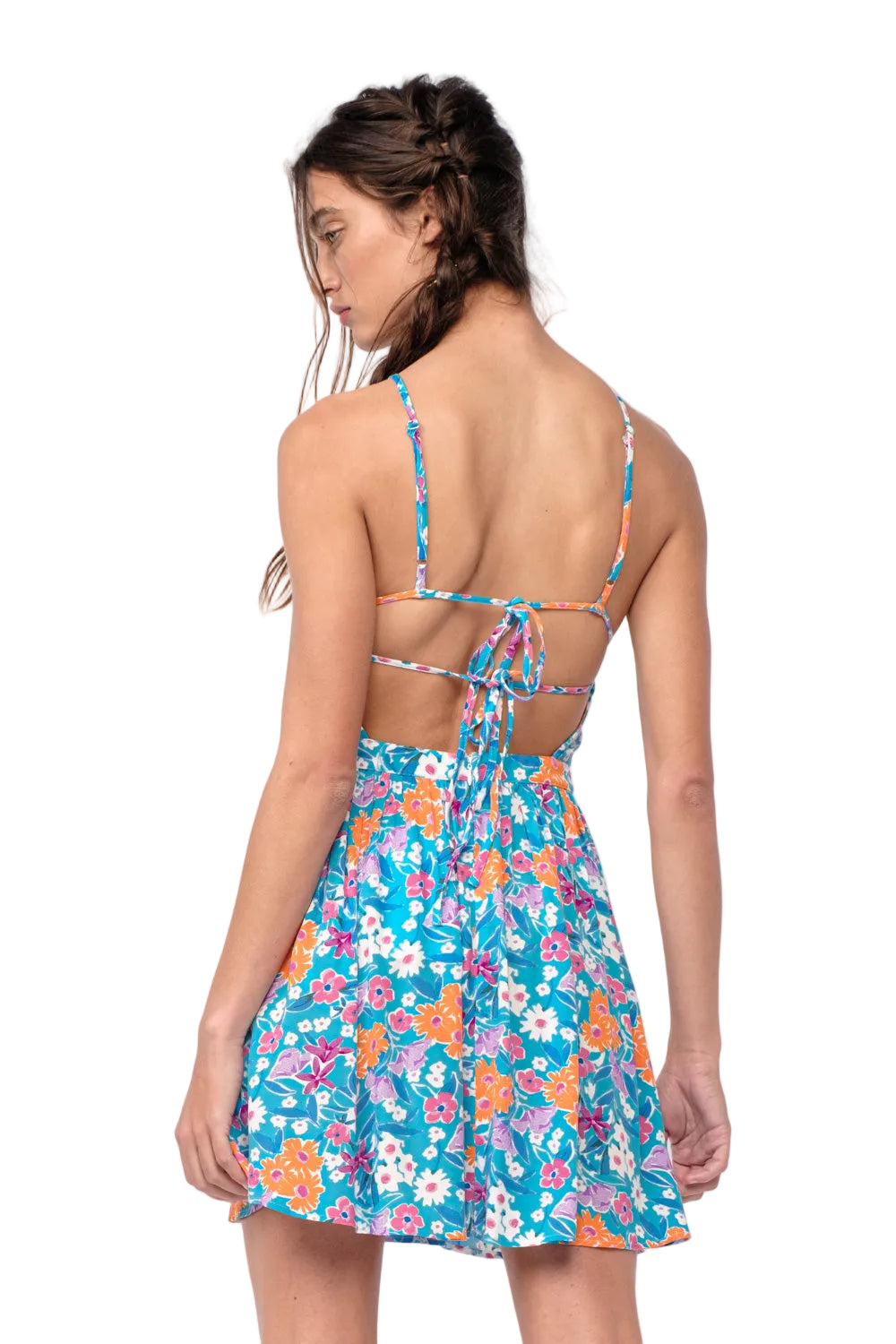 Floral open-back halter mini dress with crisscross tie straps