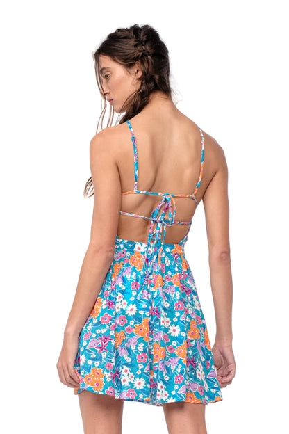 Floral open-back halter mini dress with crisscross tie straps