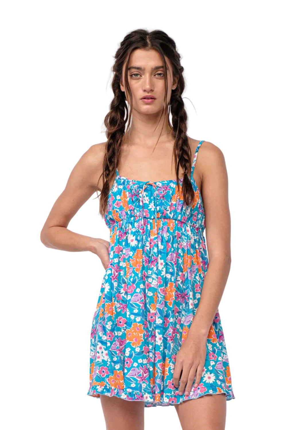 Floral sleeveless mini dress with gathered bodice and thin adjustable straps