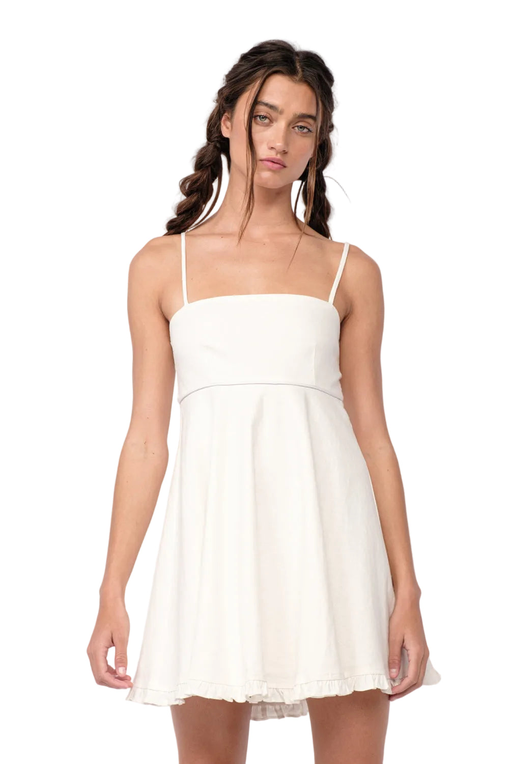 Off-white spaghetti-strap skater dress with gathered waist and tiered hem
