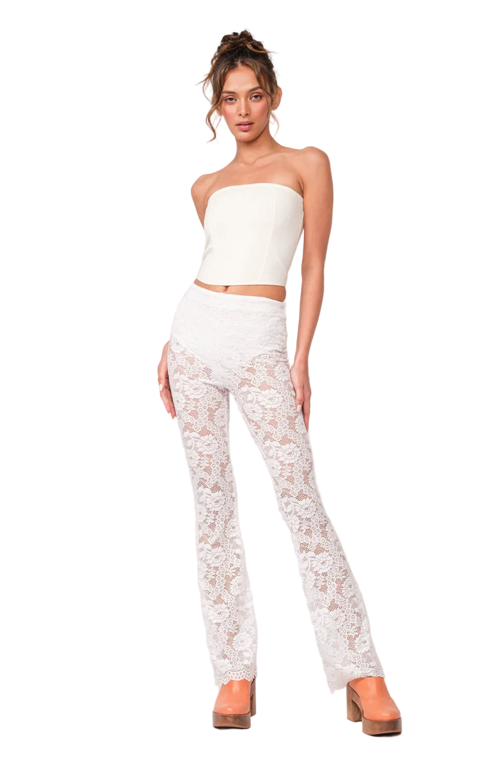 Elaina pants, white lace floral pattern with straight leg and ankle length