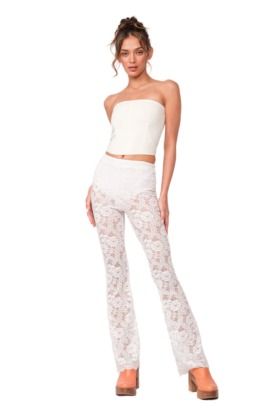 Elaina pants, white lace floral pattern with straight leg and ankle length