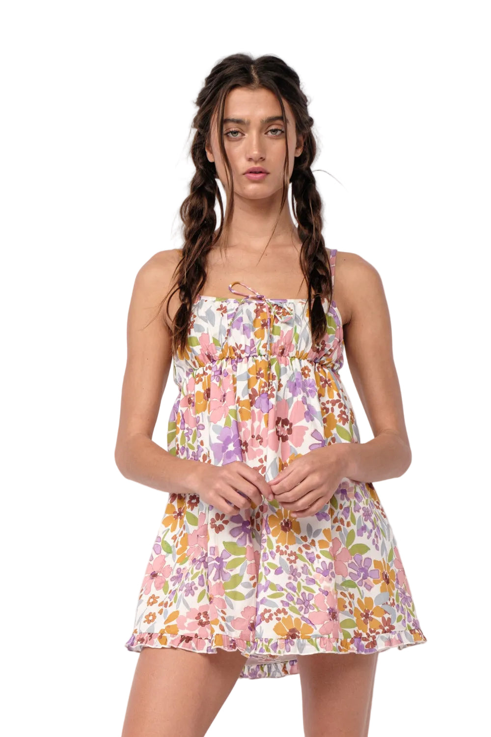 Floral mini dress with spaghetti straps, square neckline, and ruffled hem