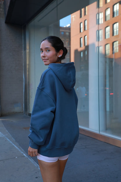 Blue hoodie back view, pullover hood with long sleeves