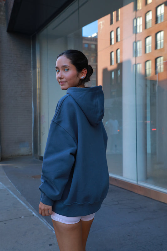 Blue hoodie back view, pullover hood with long sleeves
