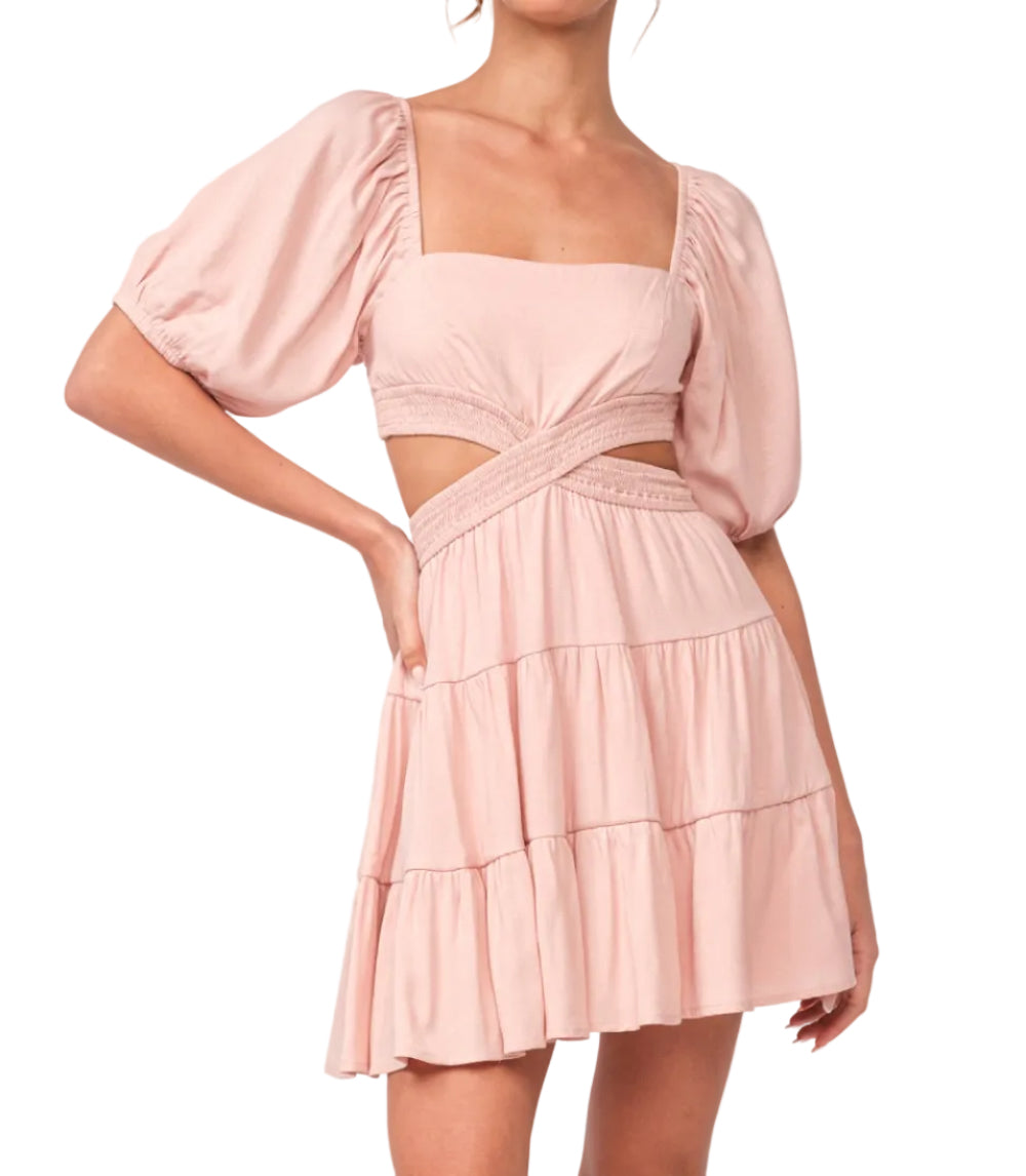 Pink Emilia dress with puff sleeves, square neckline, crossed waist sash, tiered mini skirt