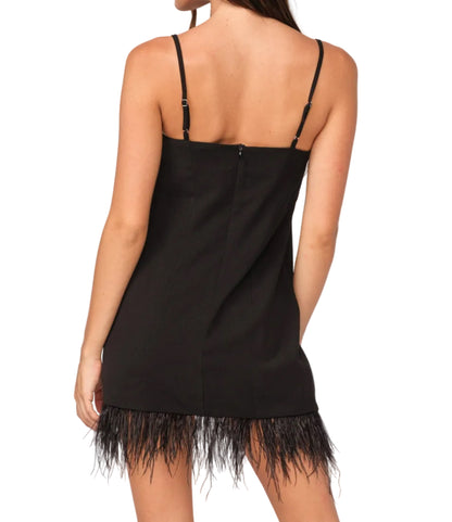 Back of slip dress with spaghetti straps and feather hem, dark black