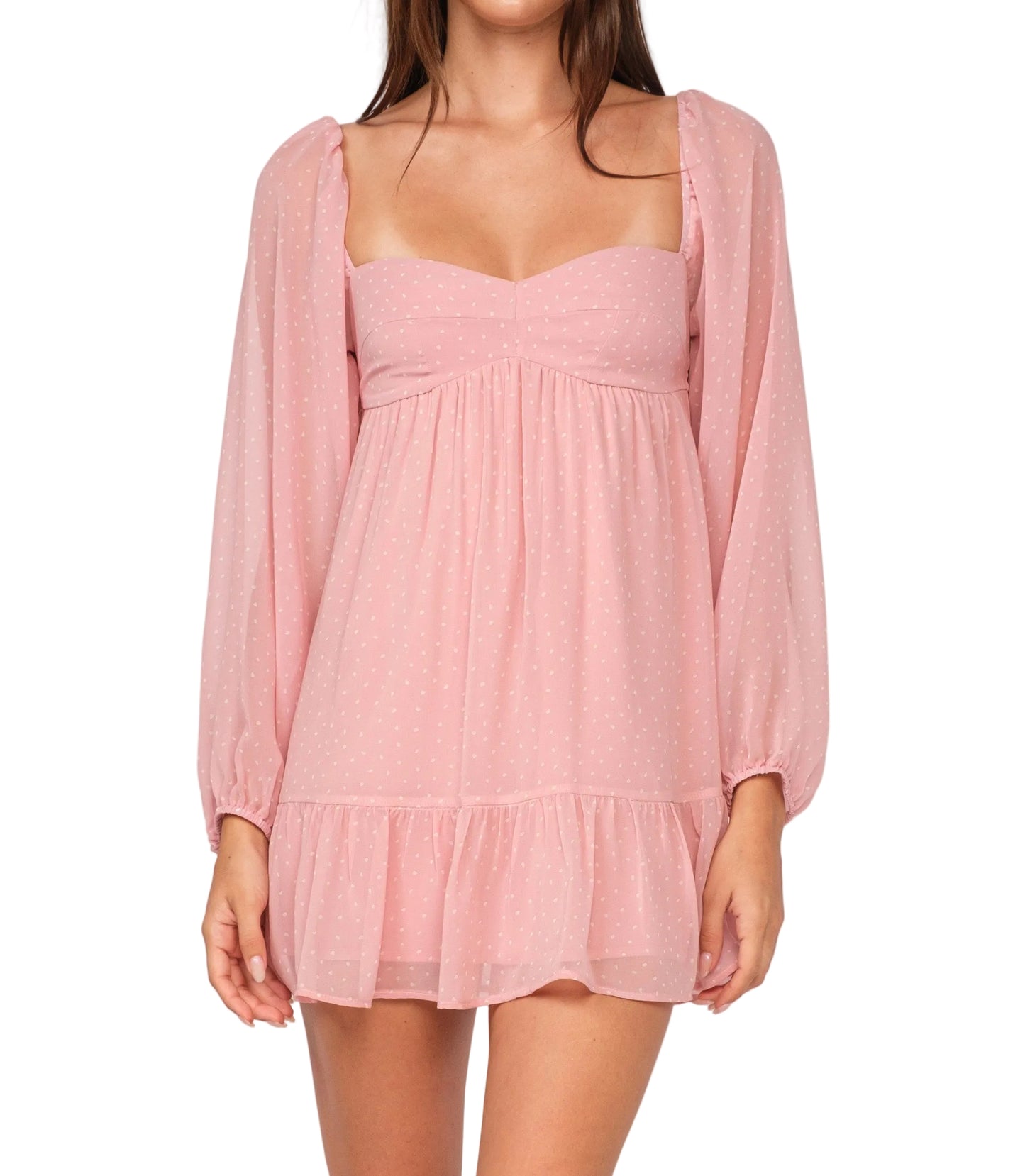 Pink mini dress with square neckline, ruched bust and sheer puff sleeves