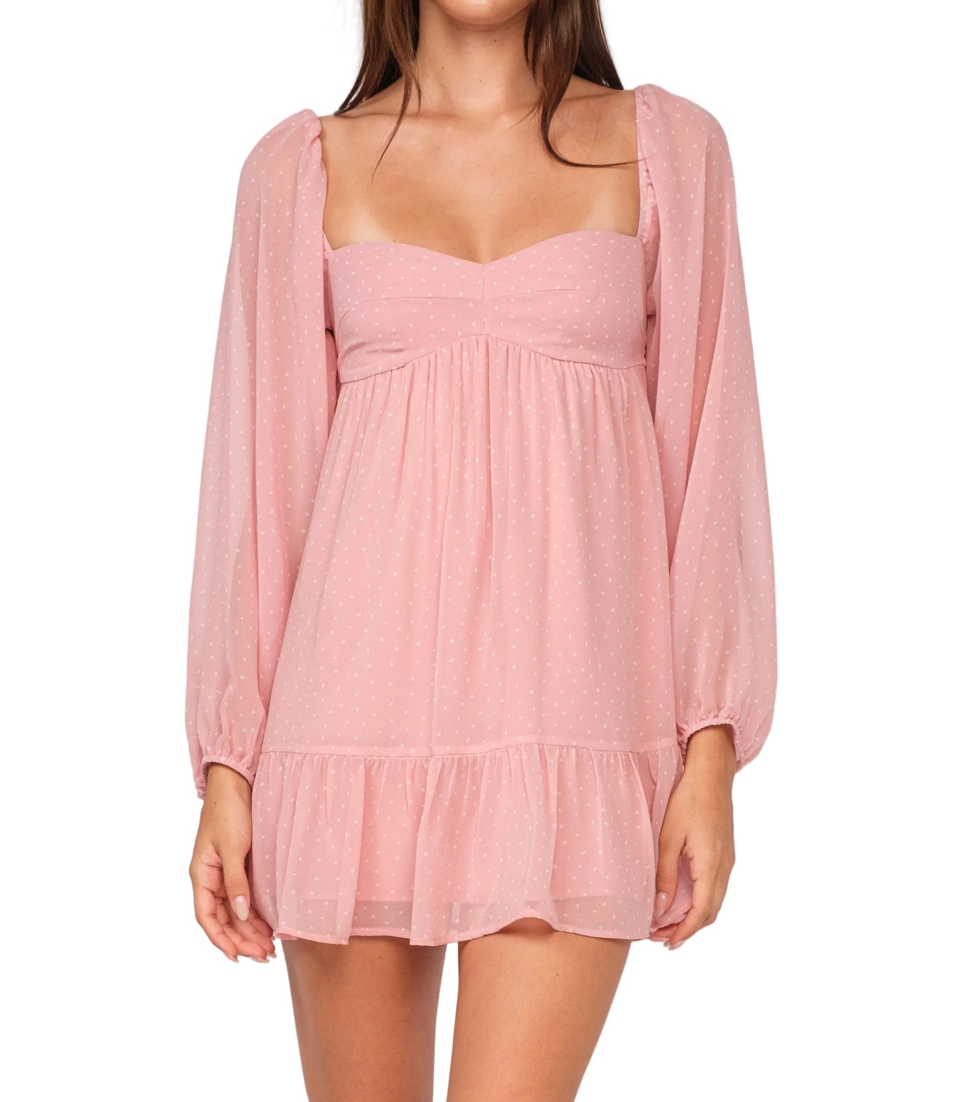 Pink mini dress with square neckline, ruched bust and sheer puff sleeves