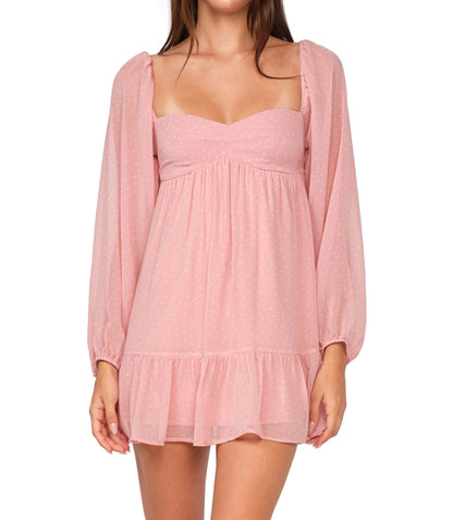 Pink mini dress with square neckline, ruched bust and sheer puff sleeves
