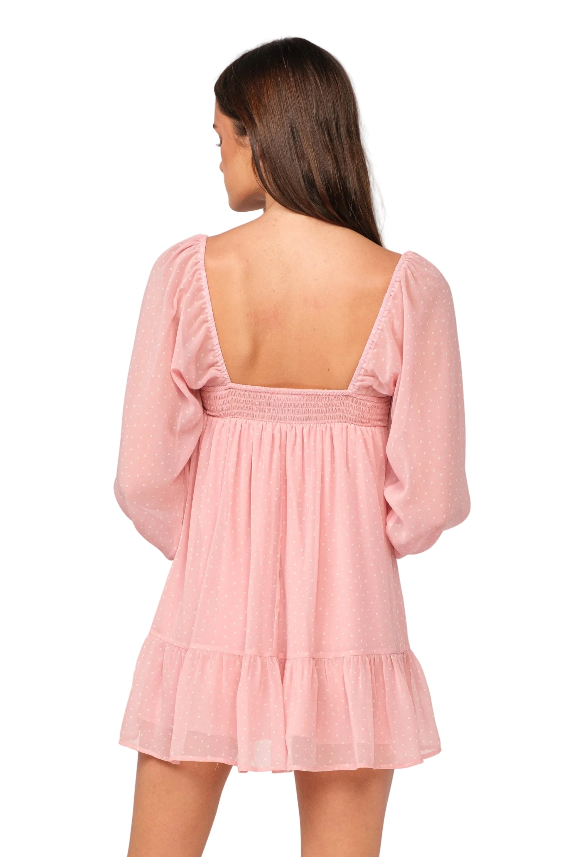Pink mini dress with square back, sheer puff sleeves and layered skirt hem