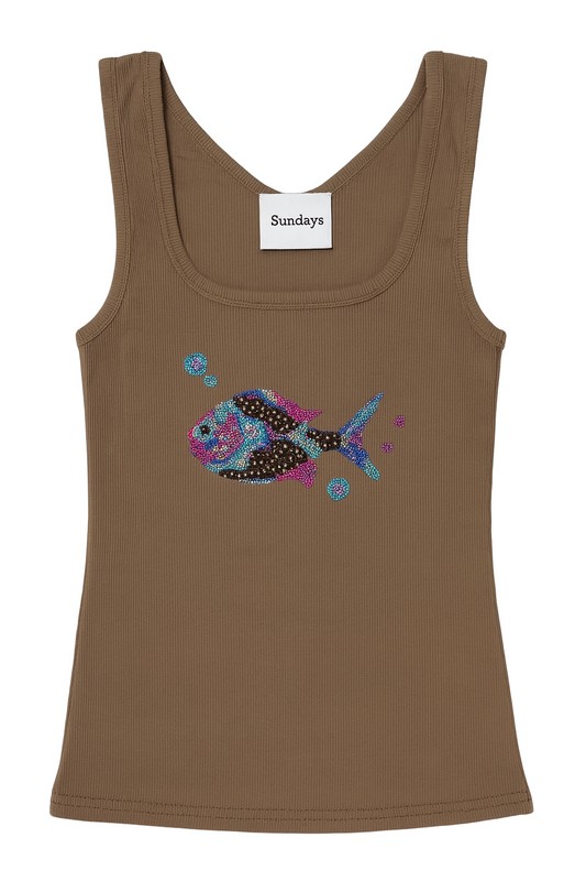 Brown tank top with a colorful fish design on a white background