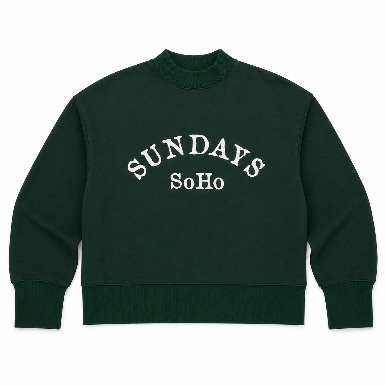 Dark green crewneck sweatshirt, white “Sunday SoHo” logo graphic on front