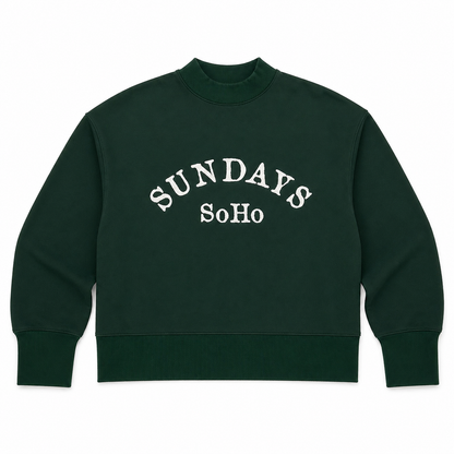 Dark green crewneck sweatshirt, white “Sunday SoHo” logo graphic on front