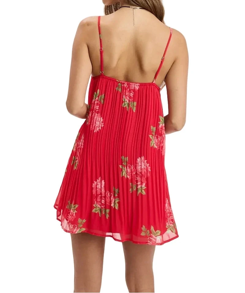 Ella dress, red floral mini with back straps and gathered pleats