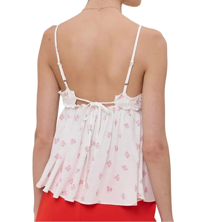 Brooklyn floral babydoll cami top with spaghetti straps and ruffled hem, open back