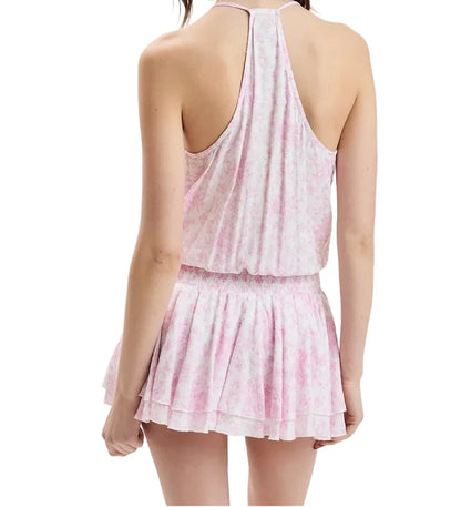 Pink striped halter mini dress with open back and tiered ruffle skirt