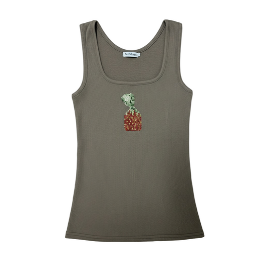 Brown sleeveless tank top with rhinestone strawberry patch
