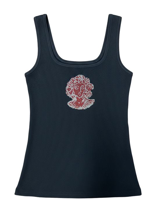 Women's dark tank top with rhinestone heart-face graphic and scoop neckline